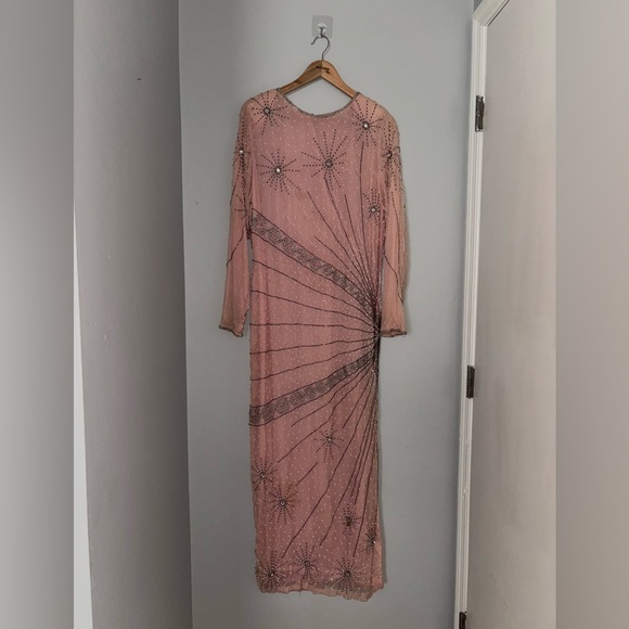 Princessa Tanya Dresses & Skirts - 1980s Hand Embellished Beaded Chiffon Vintage Pink Starburst Art Deco Gown Pearl